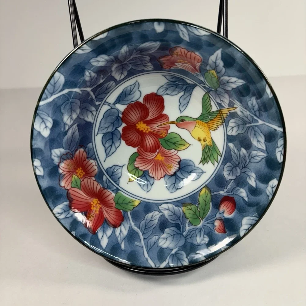 Chinese Contemporary Colorful Rice Bowl Hibiscus Hummingbird Fruit blue set Of2